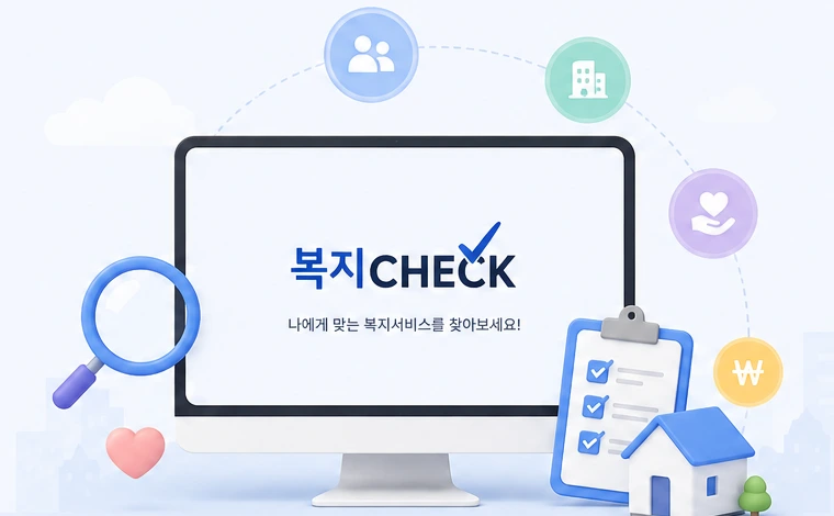 복지CHECK 서비스 화면과 복지 아이콘 일러스트